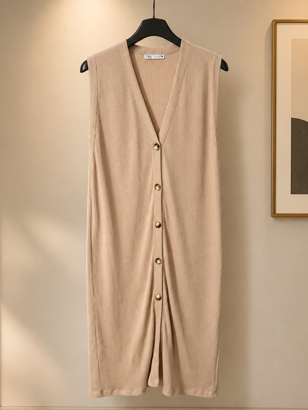 Zara Beige Sleeveless Button-Front Knit Midi Dress